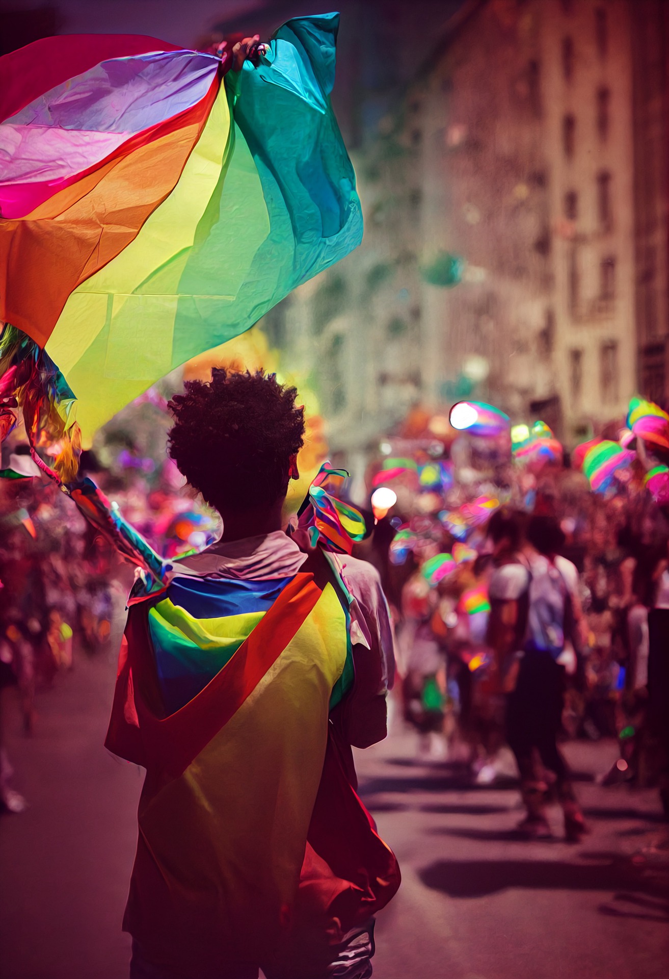 Person mit Regenbogenflagge bei einer lebendigen Pride-Veranstaltung in einer Stadt